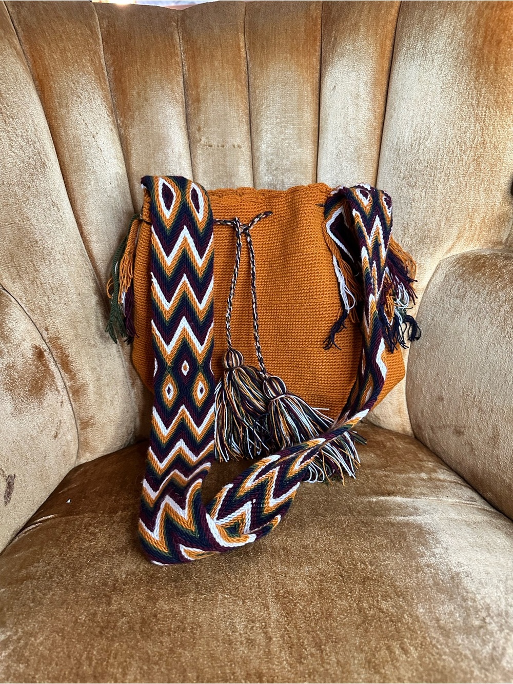 Wayuu Tribe Rust Bucket Bag with Multicolor Chevron Strap